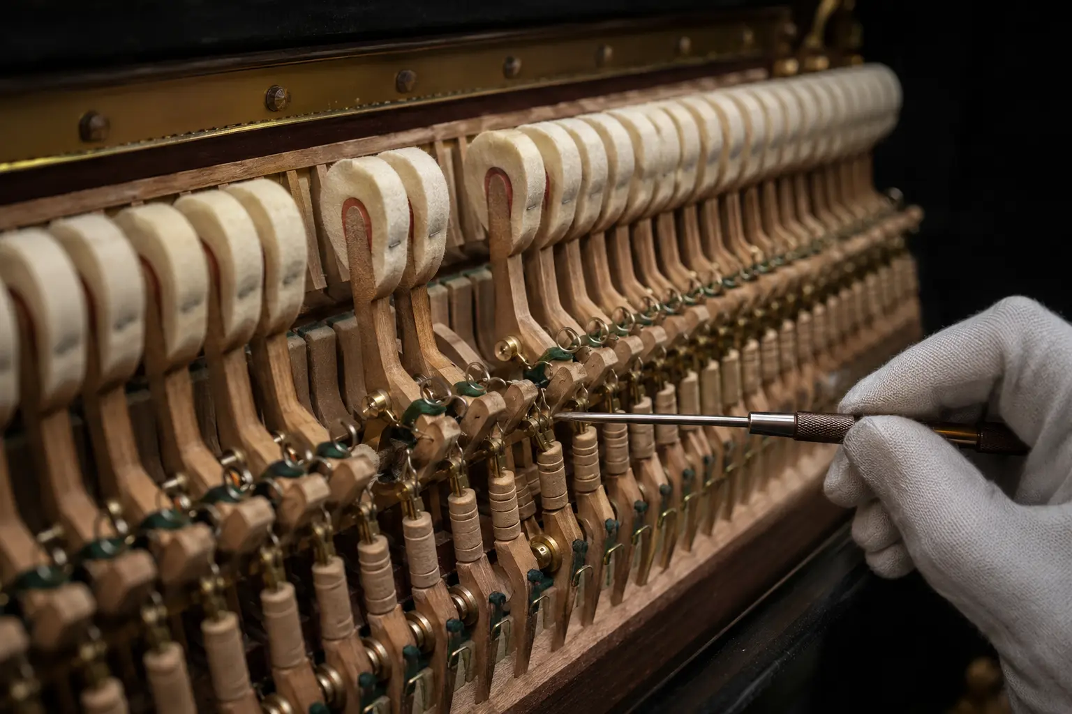 Cận cảnh kỹ thuật viên cân chỉnh bộ máy đàn piano cơ